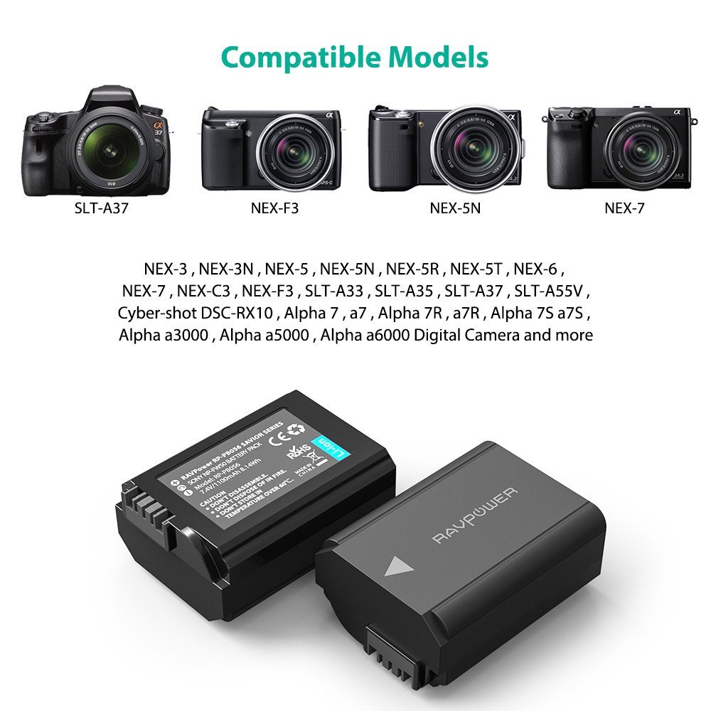 Sạc đôi RAVPower NP-FW50 cho Sony A6500, A6300, A7II, A7, A5100..., Hàng chính hãng