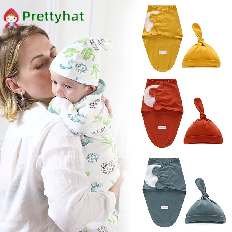 『Prettyhat 』 Túi ngủ trẻ em chăn bông chăn trẻ sơ sinh nắp cap / Newborn Baby Swaddle Hat Set