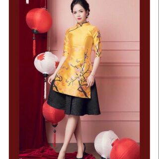 Set áo gấm cổ tàu và chân váy