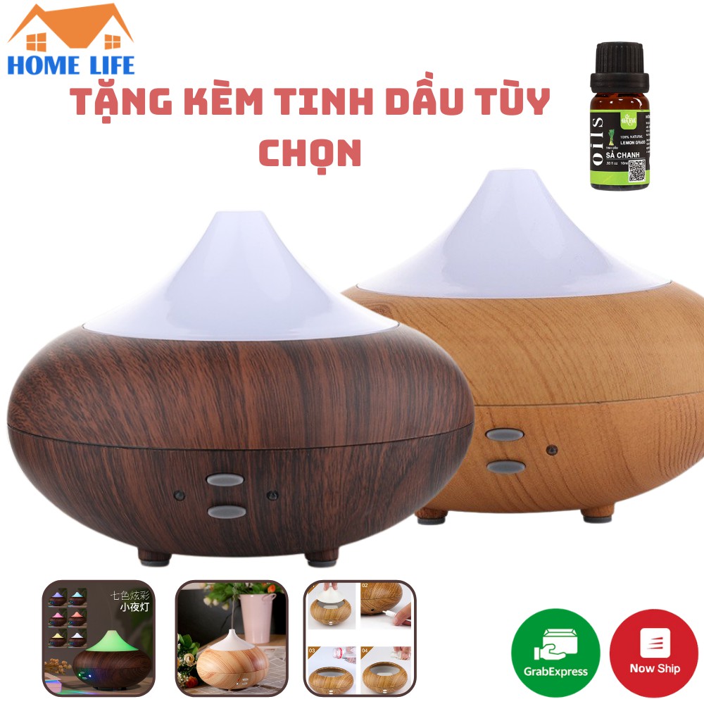 Máy phun sương tinh dầu tạo độ ẩm vân gỗ hình bí ngô, máy khuếch tán xông tinh dầu 500ml + Tặng kèm tinh dầu tùy chọn