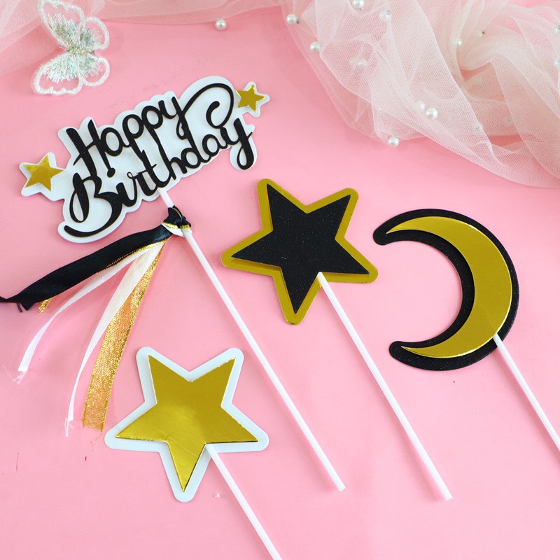 Trang trí bánh sinh nhật bánh kem - Mẫu thẻ giấy trăng sao 2 lớp đẹp