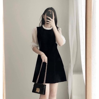 V01- dai váy 90cm Đầm(váy) tay lỡ phối tơ ánh nhũ chất chéo thái màu đen và đỏ (hàng có sẵn-kèm ảnh thật)
