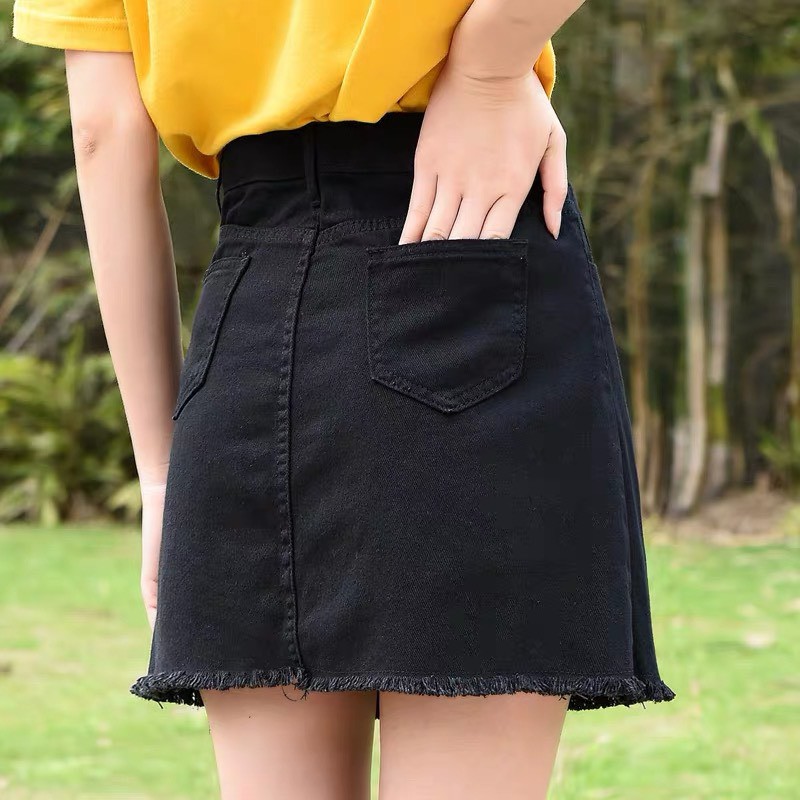 [SIZE ĐẠI] Quần váy jean nữ BIG SIZE lưng cao, co dãn mạnh, màu đen tuyền tua lai rẻ đẹp 3068