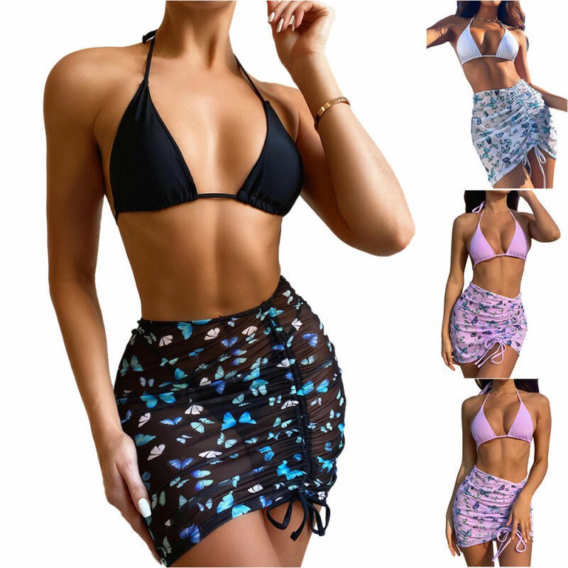 Bộ đồ bơi bikini 3 mảnh phối lưới họa tiết hoa lưng cao thời trang quyến rũ dành cho nữ
