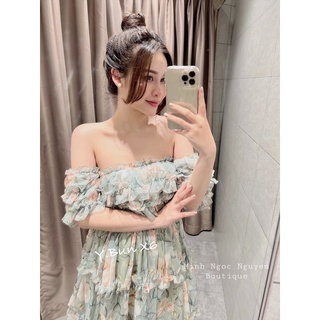 Váy hoa trễ vai hai lớp, chun eo