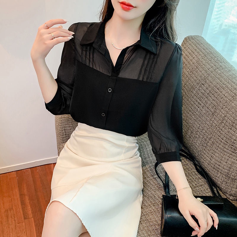 Áo sơ mi satin chiffon ghép nối tay dài 7 tấc màu trắng thời trang xuân hè cho nữ