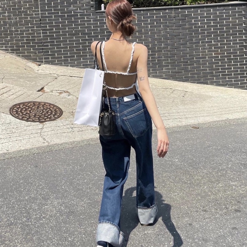 Áo Croptop Hở Lưng Có Dây Đan Phía Sau siu xinh - Thêu Chữ Monstier