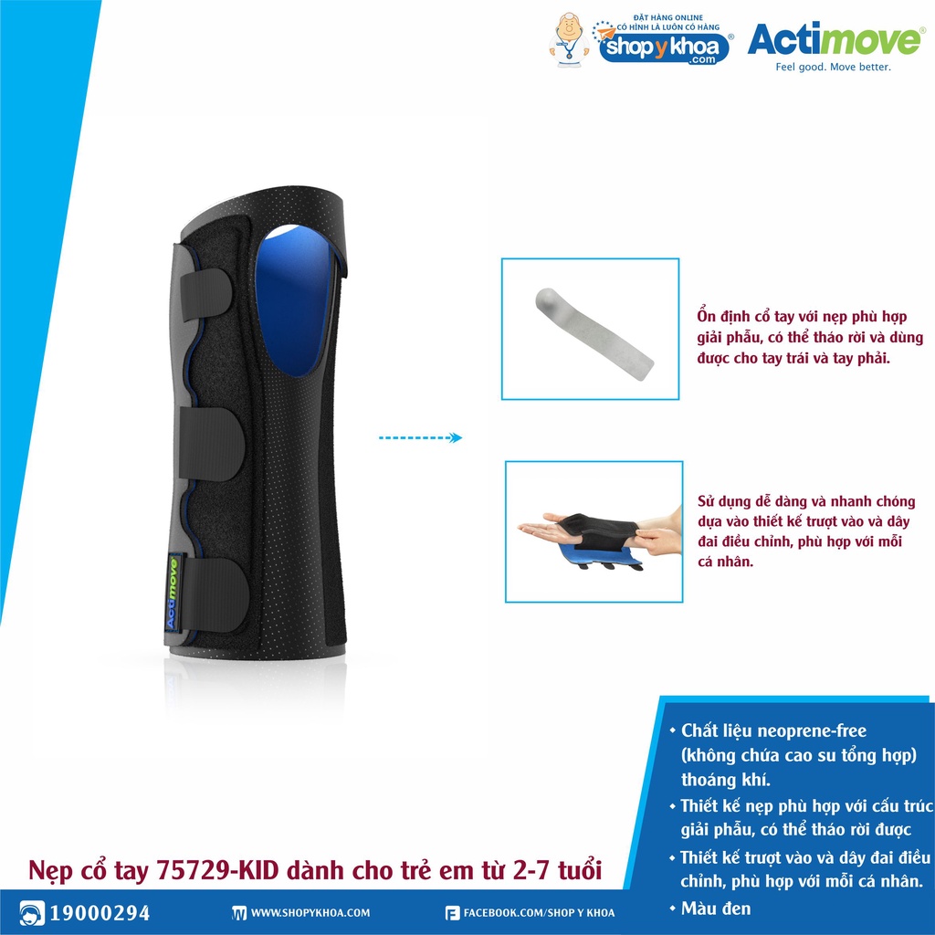Nẹp Cổ Tay Trẻ Em 2-7 Tuổi 75729-SPO-KID, Tay Trái/Phải, Có Thể Tháo Rời Nẹp, Màu Đen [Actimove] - Nhập Khẩu Châu Âu