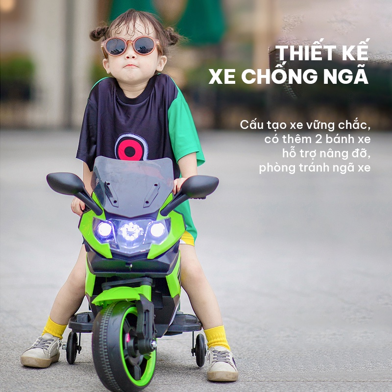 Xe mô tô điện trẻ em có 2 bánh hỗ trợ chống ngã giữ thăng bằng lốp xe chống trượt bám đường tốt có đèn LED và âm nhạc