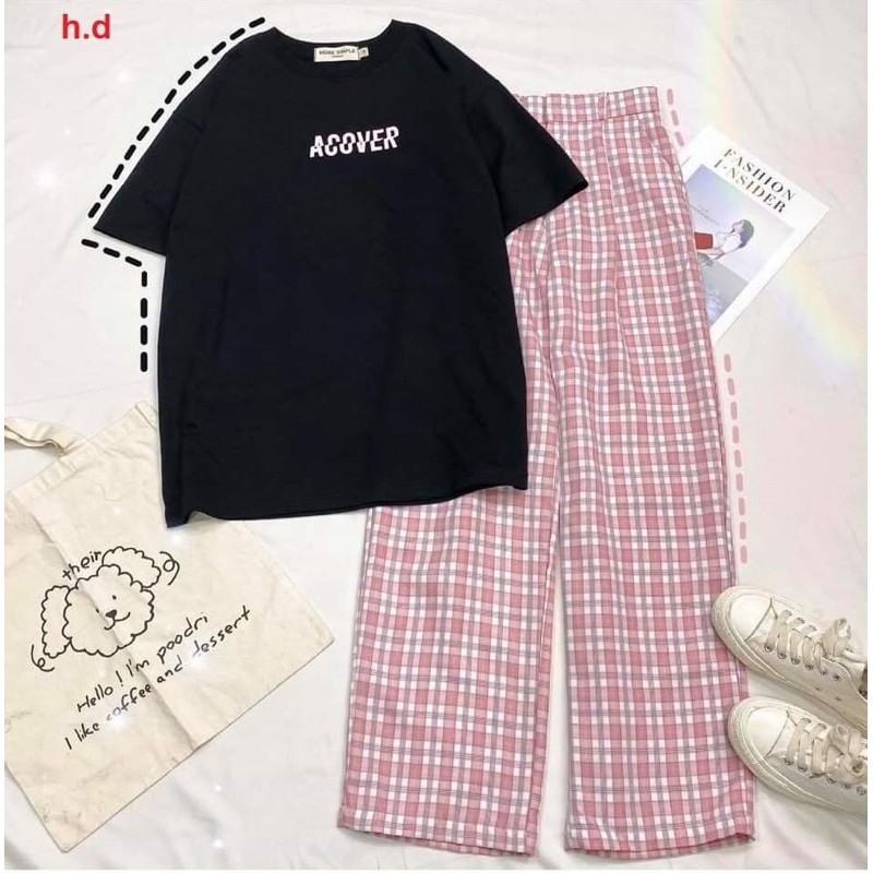 Set áo thun quần kẻ Hồng ống suông rộng uncover