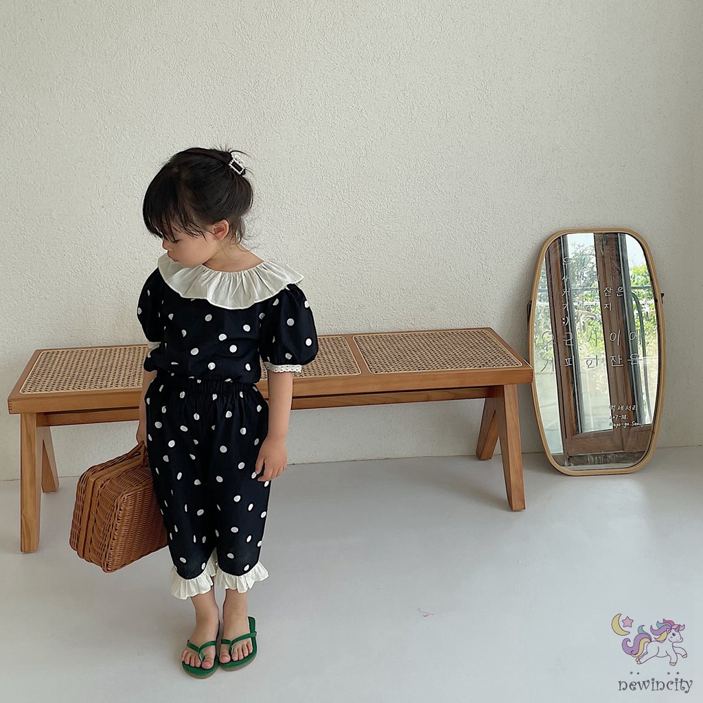 Bộ Áo Thun Tay Ngắn Phối Ren Họa Tiết Chấm Bi + Quần Dài Kiểu Hàn Quốc Thời Trang Mùa Hè Cho Bé Gái