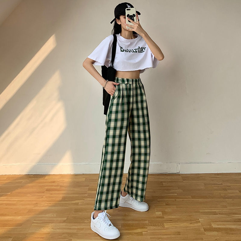 New High Waist Slim Check Plaid Casual Pants Women Loose Sports Straight Wide Leg Pants