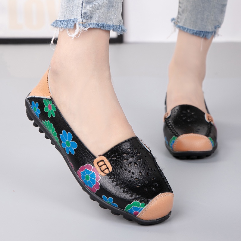 Comfort Flat With Peas Shoes Middle-Aged Mother Shoes Really Kraft Printed Women's Shoes Non-Slip Hollow Casual Single S