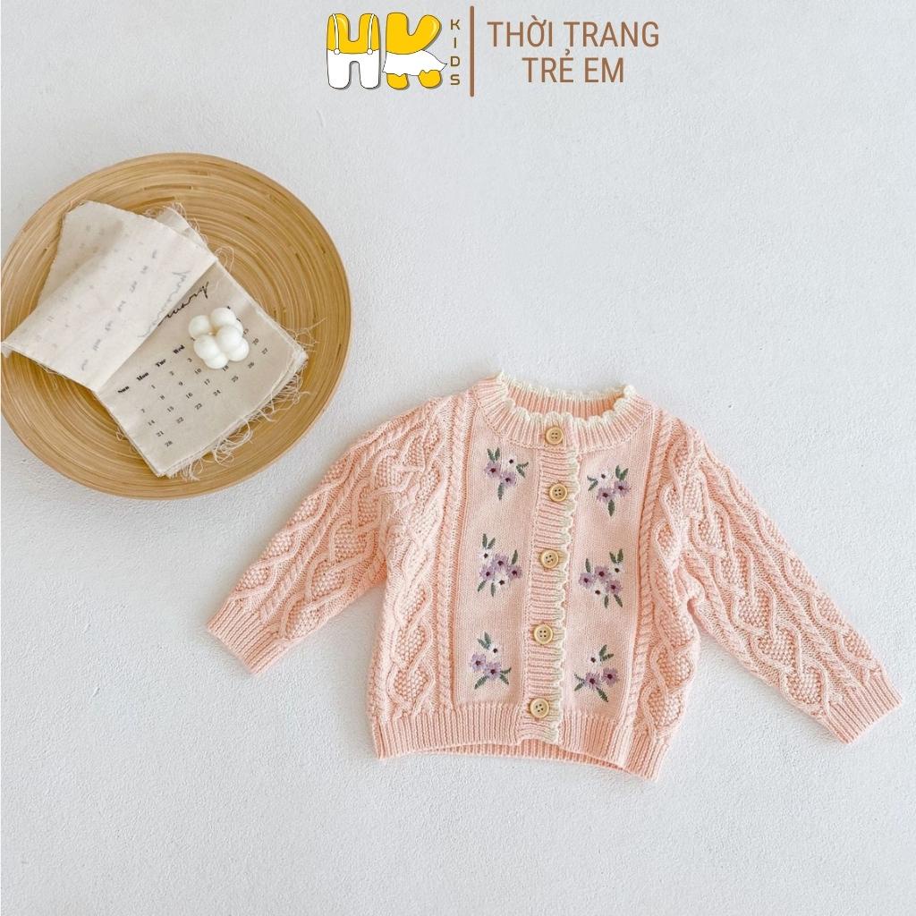 Áo len Cardigan cho bé gái HK KIDS, áo khoác len chất cao cấp mềm mịn họa tiết thêu hoa xinh xắn