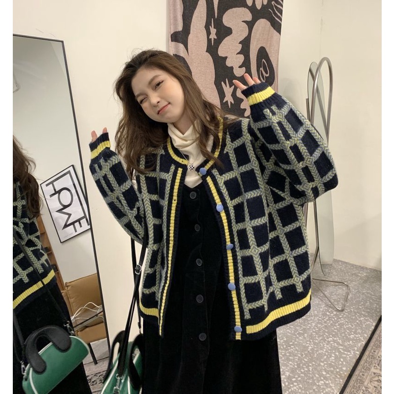 [Spot] Áo Khoác cardigan Dệt Kim Mỏng Dáng Rộng Họa Tiết Kẻ Sọc Màu Xanh Lá Phong Cách retro Hàn Quốc Thời Trang Mùa Thu