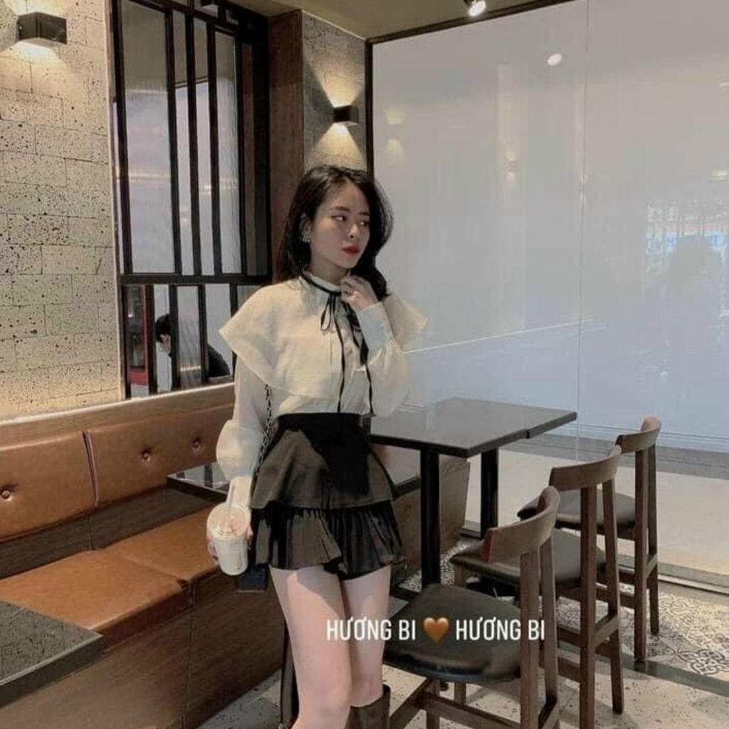 Áo kiểu nữ đẹp cổ tròn phối nơ tay bồng tiểu thư bánh bèo hàn quốc dáng sơ mi 2 lớp sexy Liao fashion UV30