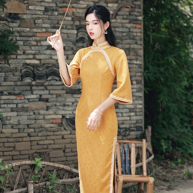 Đầm Sườn Xám Tay Dài 3/4 Thời Trang Cho Nữ