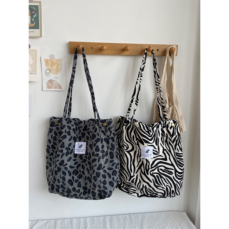 Túi tote vải nhung gân mịn da báo beo bò sữa ngựa vằn hoa nhí ulzzang
