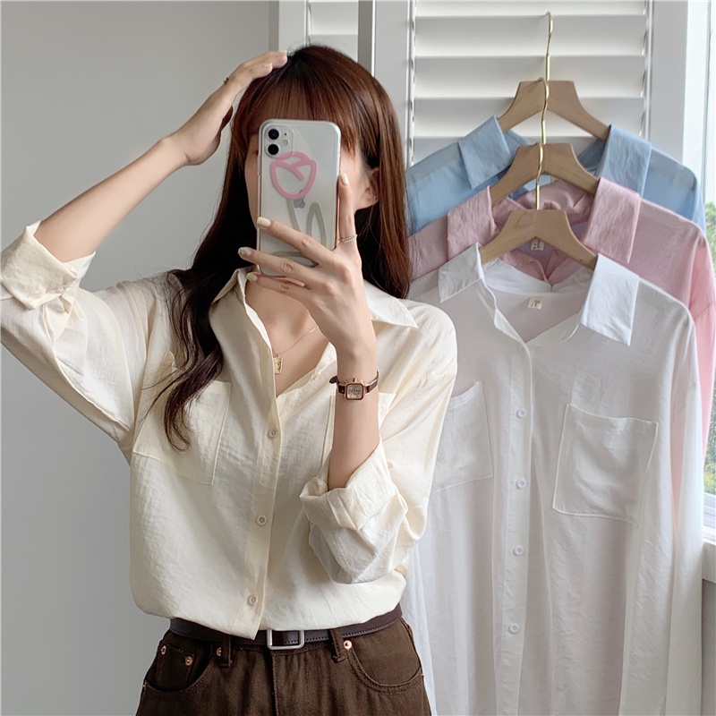 Áo sơ mi nữ Tay dài Form rộng Ulzzang Hàn Quốc Sơ mi trơn nữ Dài tay Thời trang