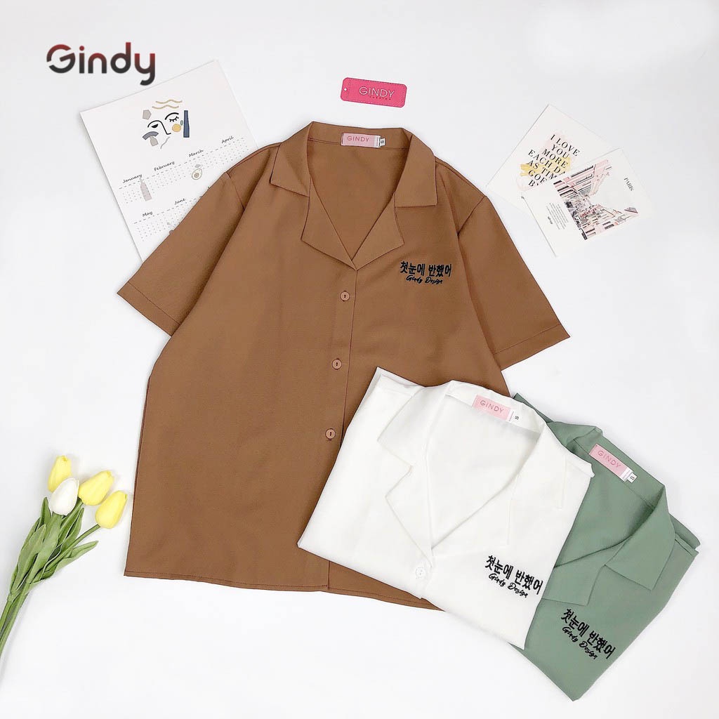Áo sơ mi nữ tay ngắn Hàn Quốc GINDY cổ vest thêu chữ thời trang công sở, học sinh, sinh viên A029