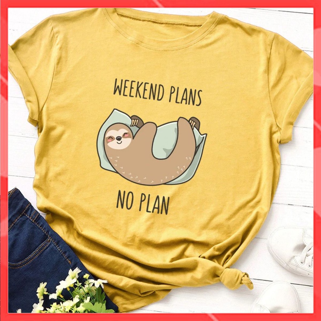 Áo thun phông nam nữ form rộng Familylove - Mẫu áo Unisex Chú Lười - WEEKEND PLANS? - NO PLAN chất Cotton 100% cao cấp