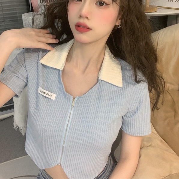 Áo cardigan ZHELIHANGFEI dệt kim ngắn tay cổ polo eo cao thiết kế lệch tà cá tính