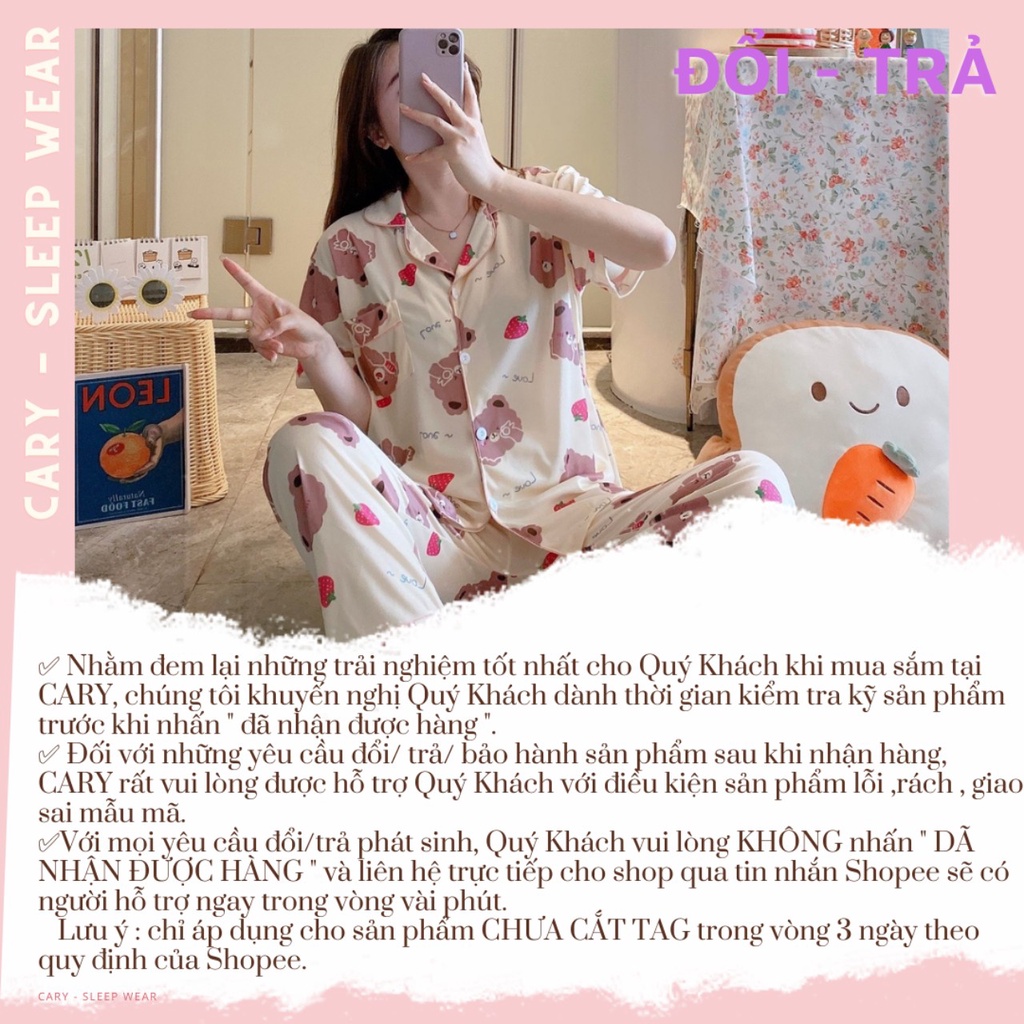 Đồ bộ nữ ngủ pijama mặc nhà CARY, bộ ngủ dễ thương cộc tay quần dài chất vải thô hàn mềm cho mùa hè