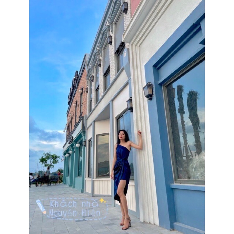 (Hàng thiết kế) Đầm dáng ôm màu xanh navy dự tiệc chất phi lụa lệch vai xẻ đùi nhún xoắn eo sang trọng (kèm ảnh thật) | BigBuy360 - bigbuy360.vn