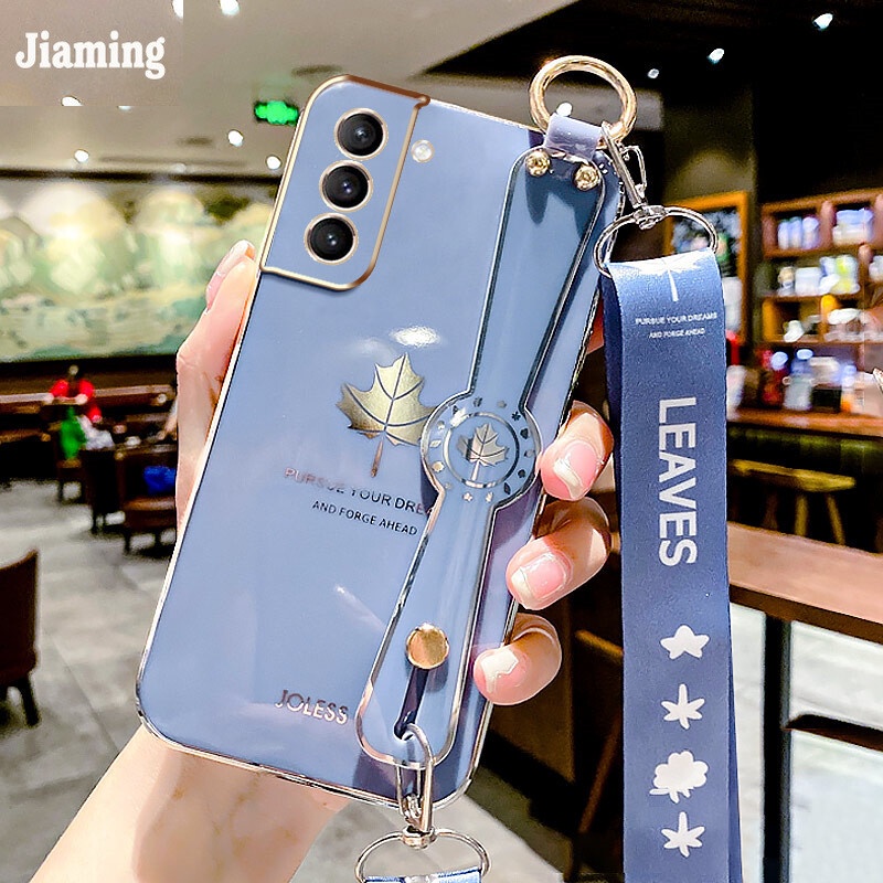 Ốp Điện Thoại Mạ Điện Họa Tiết Lá Phong Sang Trọng + Dây Đeo Cho Samsung Galaxy S21 + 5G S21 Ultra