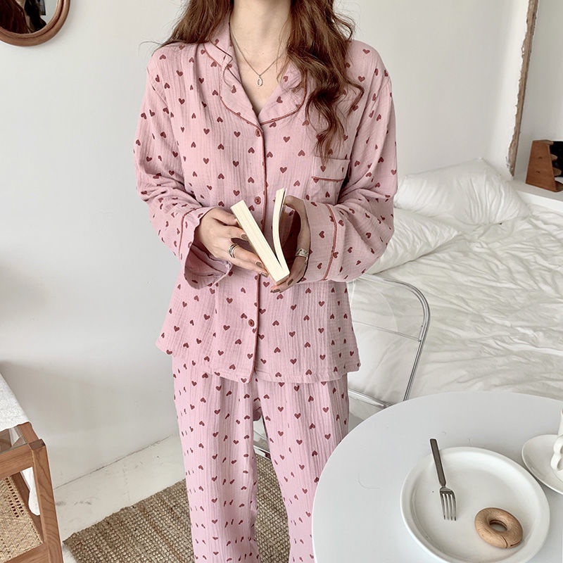 Bộ Đồ Ngủ Tay Dài Chất Liệu cotton Phong Cách Hàn Quốc Thời Trang Mùa Thu Xinh Xắn Cho Nữ