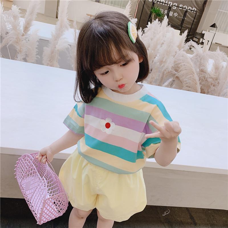 Áo Thun Ngắn Tay Họa Tiết Kẻ Sọc Phong Cách Phương Tây Thời Trang Mùa Hè Hàng Mới Dành Cho Bé Gái 2022