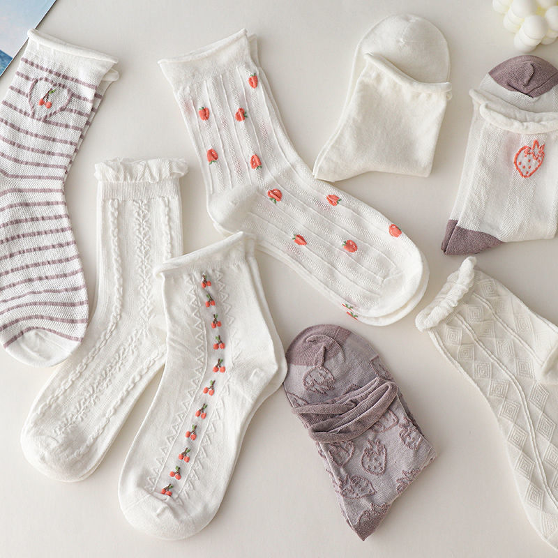 Tất cao cổ phối ren màu trắng phong cách Nhật Bản Hàn Quốc dễ thương