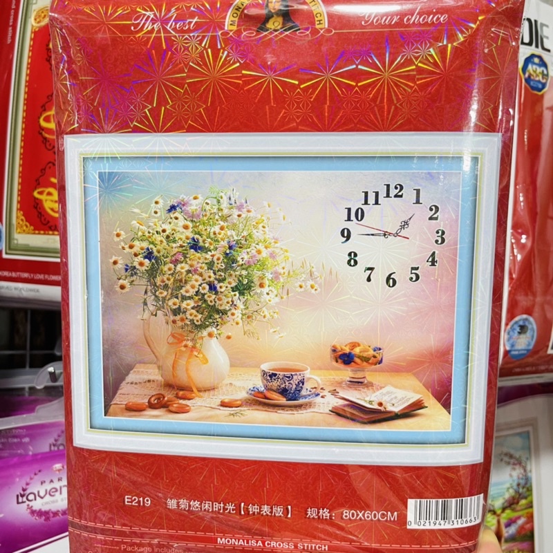 Tranh Thêu Kín Bình Hoa Đồng Hồ-Tranh Thêu Đồng Hồ E219(80*60