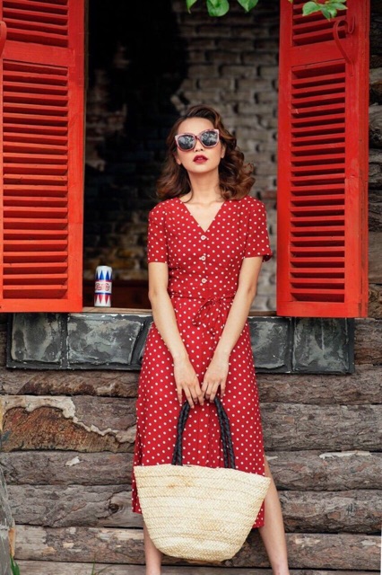 ĐẦM CHẤM BI ĐỎ CỎ V CỘT EO XÒE NGẮN TAY | BigBuy360 - bigbuy360.vn