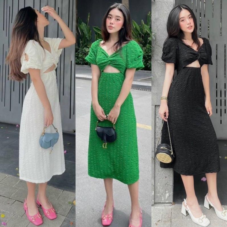 Đầm midi xoắn ngực cut eo tay phồng chất xốp nổi 3 màu