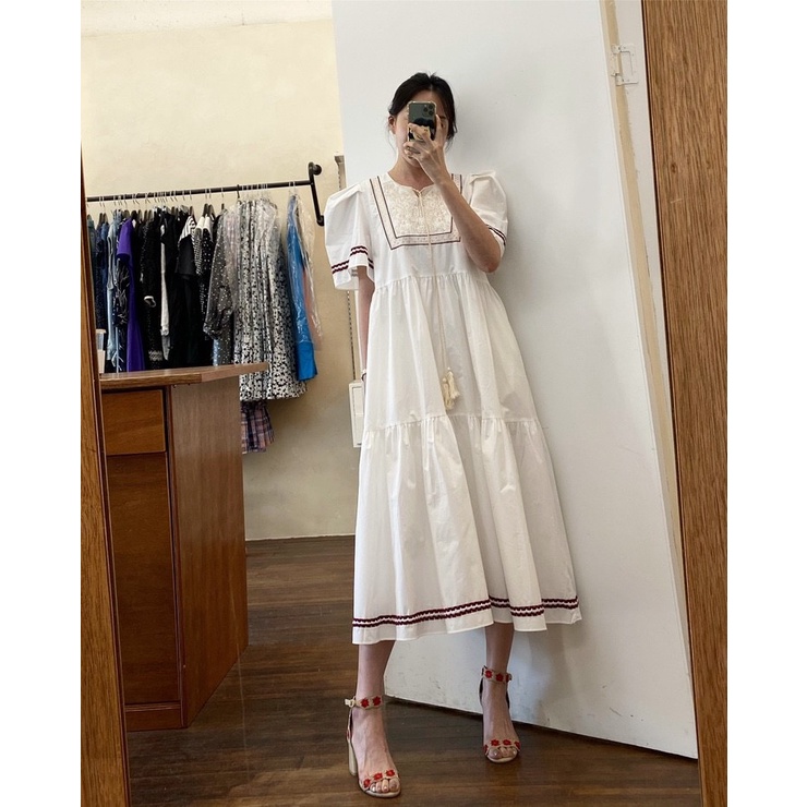 (HÀNG SẴN - ẢNH THẬT)  Váy suông dài dáng babydoll, đầm dài cổ tròn hoa thêu xinh xắn bigsize