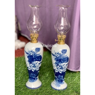 Đèn dầu men lam phụ kiện đồ thờ gốm sứ Bát Tràng