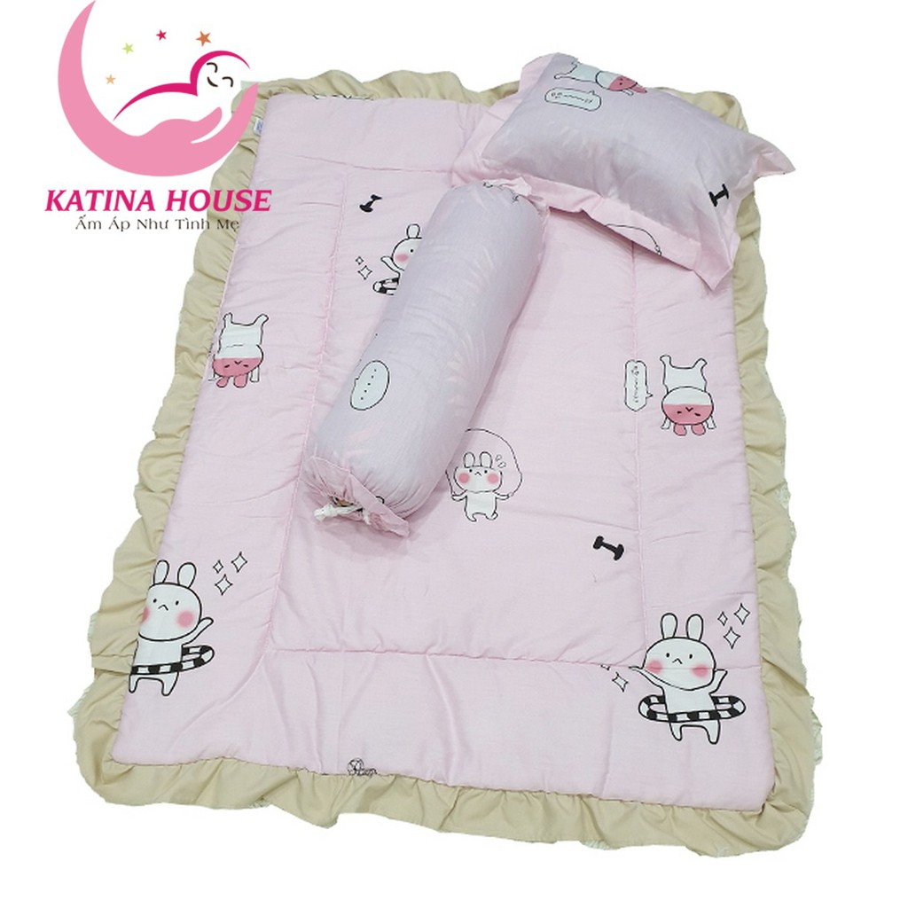 Bộ nệm gối trẻ em 1-4t, vải cotton 100% thoáng mát, nệm bèo đáng yêu cho bé 75x110cm