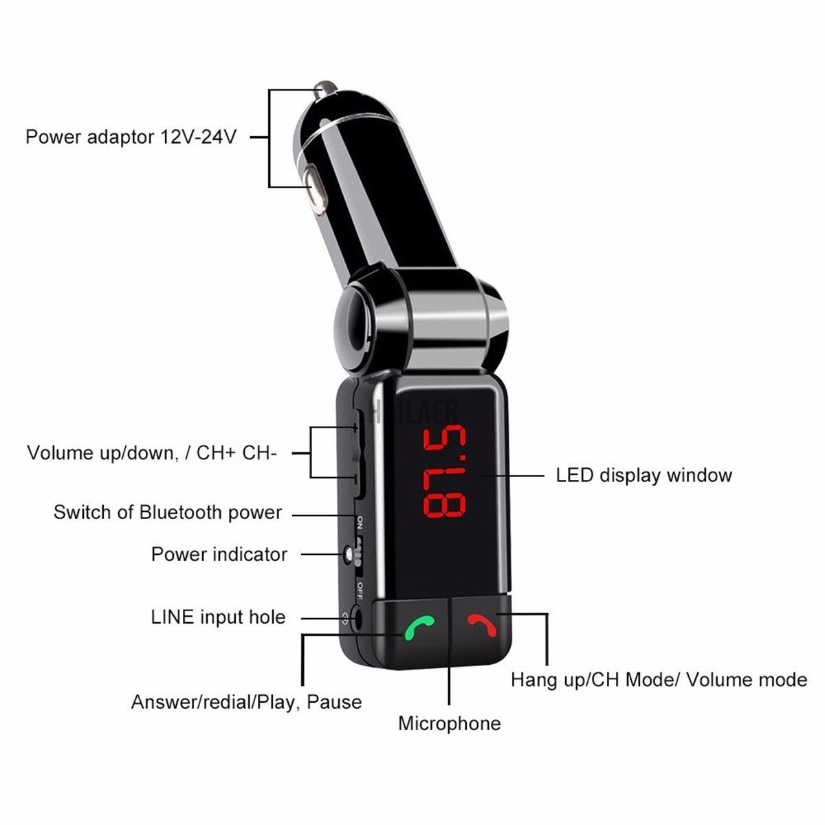 Củ Sạc Trên Ô Tô Bluetooth Không Dây Tích Hợp Bộ Phát Sóng Fm Mp3 Màn Hình Lcd Aux Usb