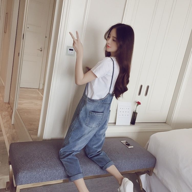 Bộ Áo Liền Quần Denim Dáng Rộng Phong Cách Hàn Quốc Dễ Thương Thời Trang Xuân Thu Cho Nữ 2022