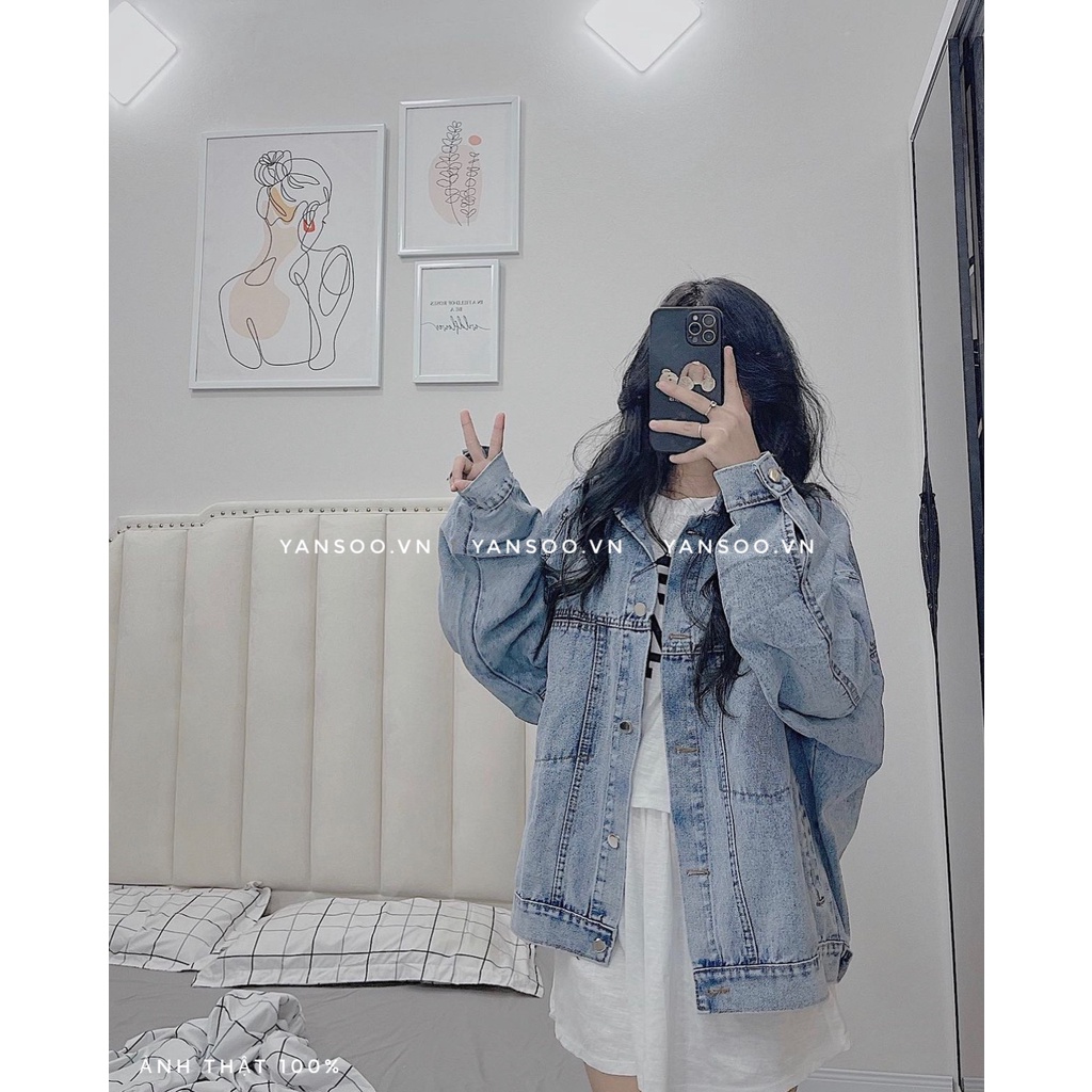 Áo khoác jean nữ from rộng túi trước , áo khoác bò denim xanh nhạt tay dài Quảng Châu chất dày dặn đẹp YANSOO