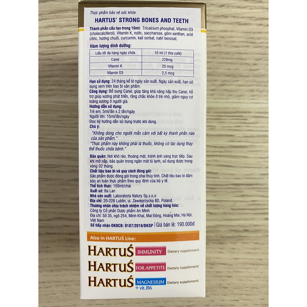 Hartus Canxi - Bổ Sung Canxi, Vitamin D3, Vitamin K, Hấp Thụ Canxi Tối Đa Nhờ Vitamin K (Chai 150ml)