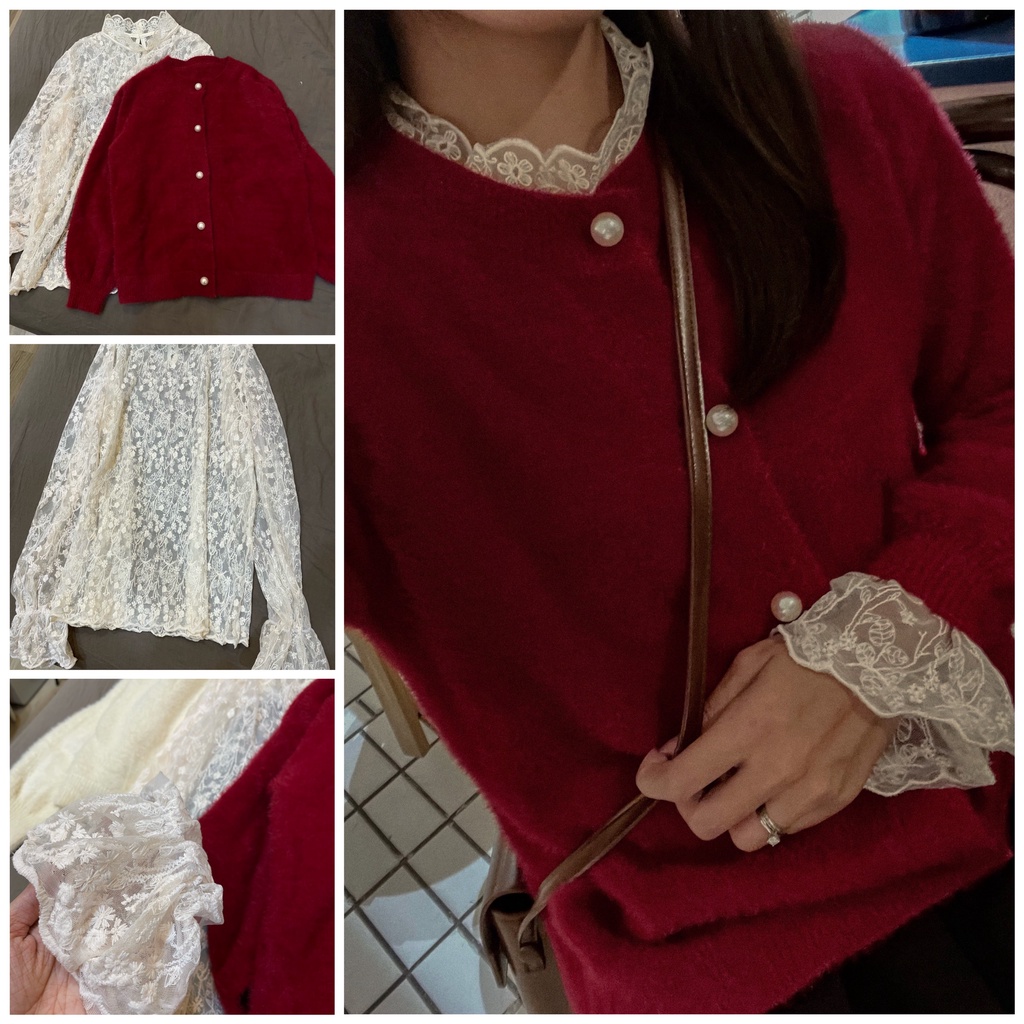 (Ảnh thật) Set cardigan lông thỏ cúc ngọc kèm áo ren tay xoè trắng the.sweaterweather TSW | BigBuy360 - bigbuy360.vn