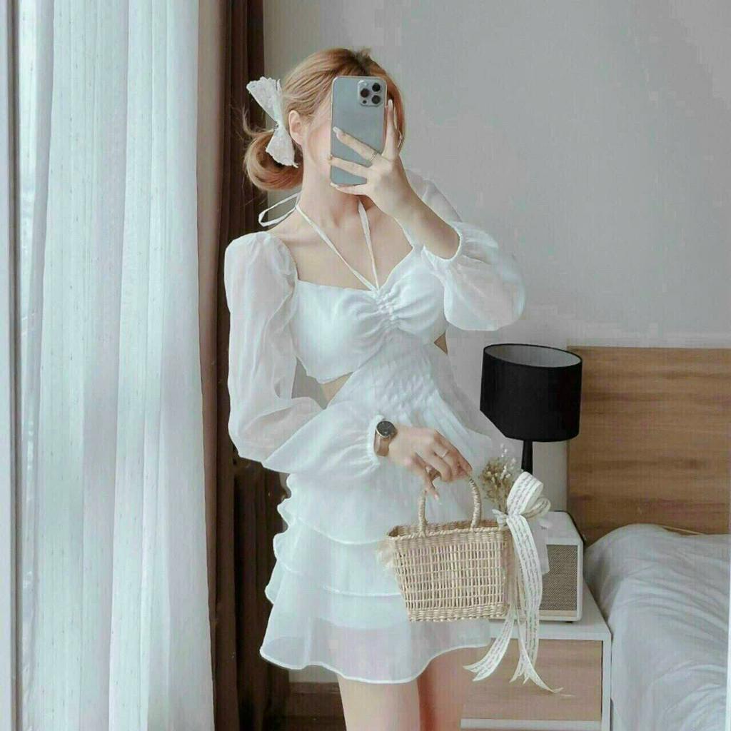 Đầm váy nữ tay dài dây vòng cổ nhún ngực, hở lưng quyến dũ họa tiết xếp tầng màu trắng dự tiệc dễ thương đi chơi