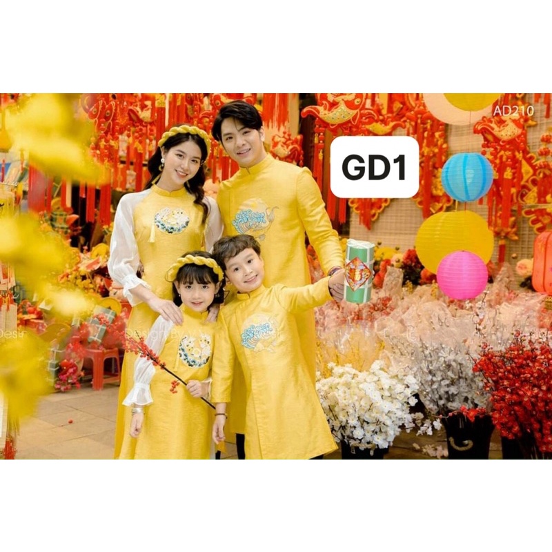 Áo Dài Thiết Kế Cao Cấp Màu Đỏ, Vàng Thêu Hoa Văn Sang Trọng Cho Bố, Mẹ, Bé Trai, Bé Gái