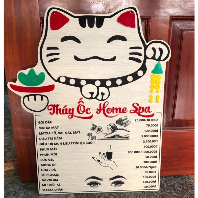 Menu dịch vụ spa, nail khắc gỗ nội dung theo yêu cầu, nhiều kích thước  vân gỗ sáng sang trọng cứng cáp