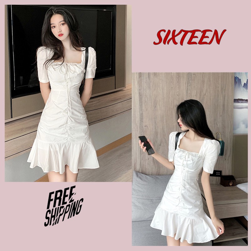Váy Trắng, Váy Nữ, Đầm Nữ Cổ Vuông Đuôi Cá Phong Cách Retro SIXTEEN.