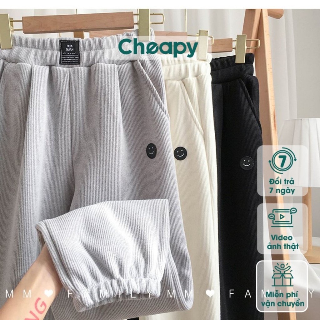 Quần jogger nam nữ Mặt Cười Logo mặc đôi Cheapy đen trắng ghi freesize unisex thể thao hàn quốc C659