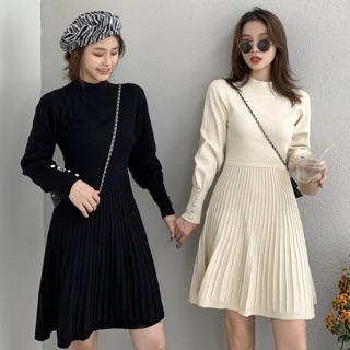 Váy len xoè xếp ly cổ 3p tay bồng đính cúc [Ảnh thật 4-9]