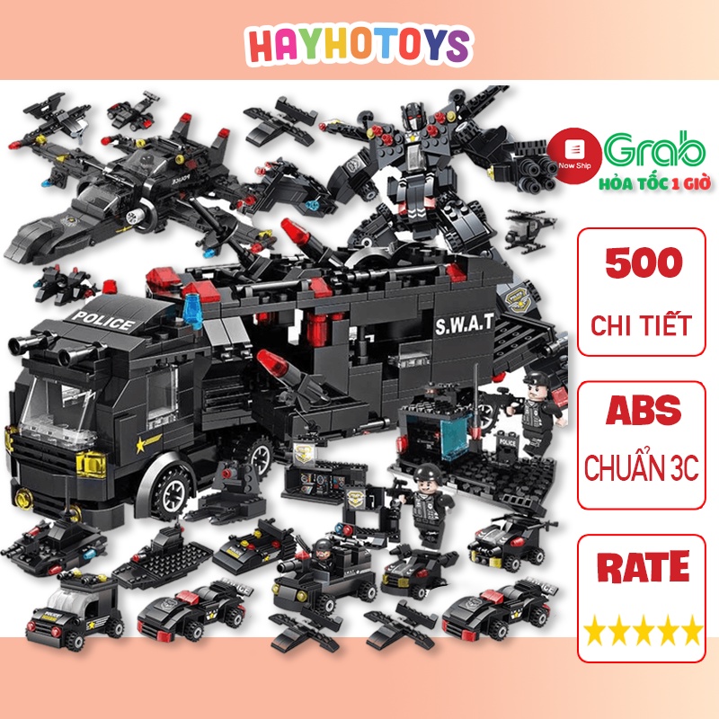 Bộ đồ chơi lắp ráp cảnh sát swat 500CT, bộ xếp hình mô hình robot, xe cảnh sát, mô hình máy bay